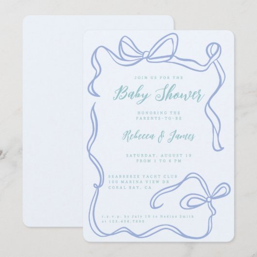 Invitation Boy Blue Bow Funky Baby shower dessiné main (Devant / Derrière)