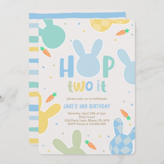 Invitation Boy Blue Bunny 2e anniversaire (Devant / Derrière)