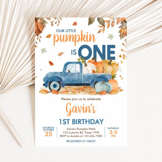 Invitation Boy Blue Citrouille Camion Automne Anniversaire