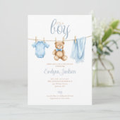 Invitation Boy Blue Clothesline Baby Shower Photo QR Code (Debout devant)