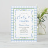 Invitation Boy Blue Floral Grandmillenial Baby Shower Gingham (Debout devant)