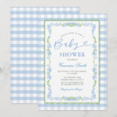 Invitation Boy Blue Floral Grandmillenial Baby Shower Gingham (Devant / Derrière)