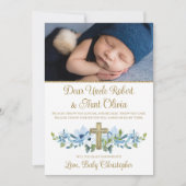 Invitation Boy Blue Gold Cross Photo Godparent (Devant)