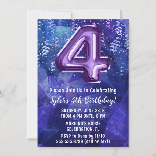 Invitation Boy Blue Purple 4e anniversaire (Devant)