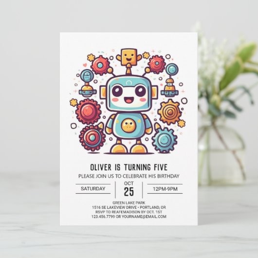 Invitation Boy Boho Antique Robot Anniversaire (Debout devant)