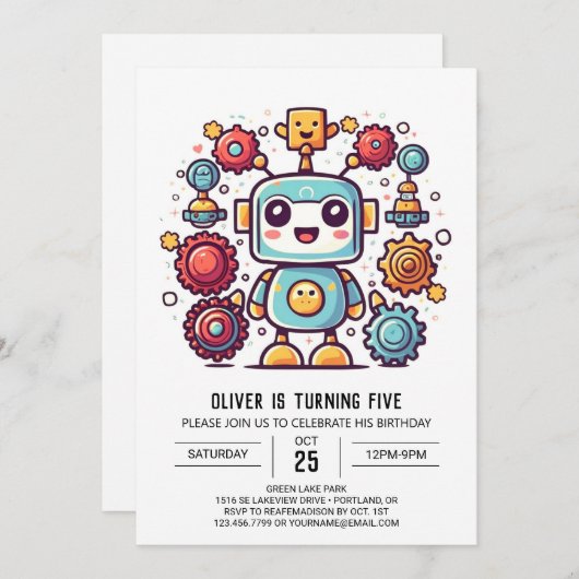 Invitation Boy Boho Antique Robot Anniversaire (Devant / Derrière)