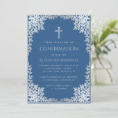 Invitation Boy Confirmation Classique Bleu Argent Croix Feuil (Debout devant)