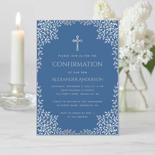 Invitation Boy Confirmation Classique Bleu Argent Croix Feuil