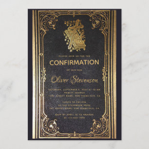 Invitation Boy Confirmation Gold Cross & Book Elegant Vintage