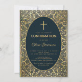 Invitation Boy Confirmation Gold Feuilles Croix Bleu élégant (Devant)