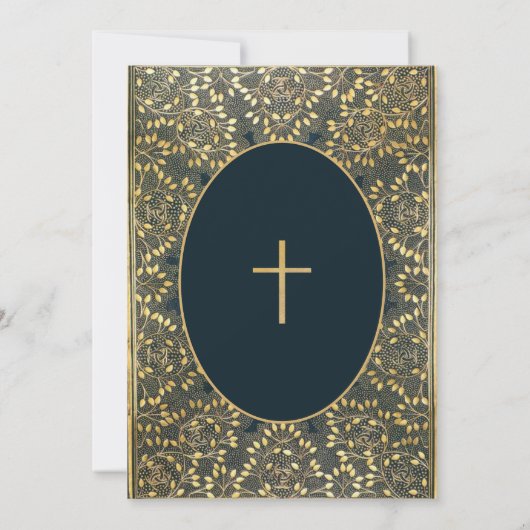 Invitation Boy Confirmation Gold Feuilles Croix Bleu élégant (Dos)