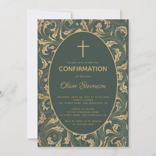 Invitation Boy Confirmation Gold Thistle Cross Elegant Green (Devant)