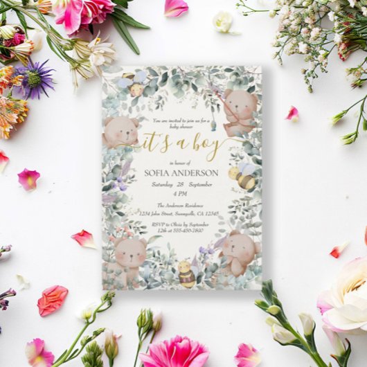 Invitation Boy Cute Aquarelle Forêt Baby shower Ours