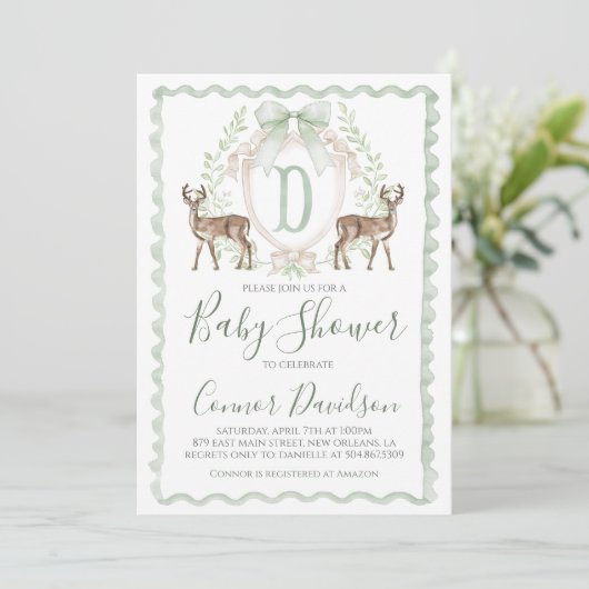 Invitation Boy Deer Baby shower Preppy Chasse Sage Green (Debout devant)