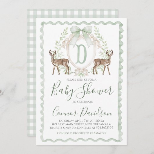 Invitation Boy Deer Baby shower Preppy Chasse Sage Green (Devant / Derrière)