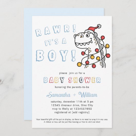 Invitation Boy Dinosaur Baby shower de Noël hivernal (Devant / Derrière)