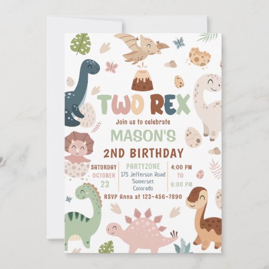 Invitation Boy Dinosaur Deux Rex 2e fête d'anniversaire (Devant)