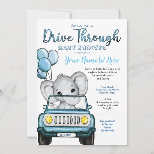 Invitation Boy Drive à travers Baby shower Elephant en voitur (Devant)