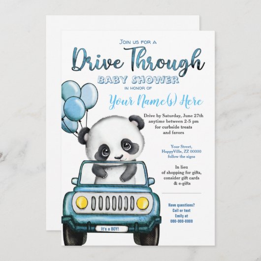 Invitation Boy Drive À Travers Baby shower Panda Car Invitati (Devant / Derrière)