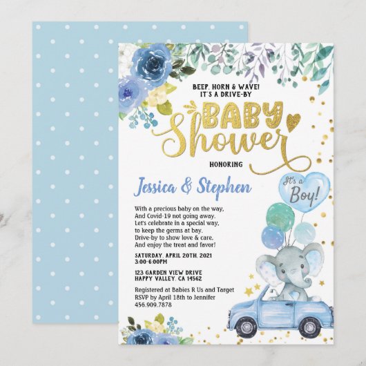 Invitation Boy Drive By Baby shower Parade Blue Elephant (Devant / Derrière)