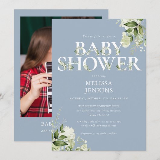 Invitation Boy Dusty Blue Greenery Foliage Baby shower photo (Devant / Derrière)