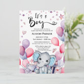 Invitation Boy Elephant Aquarelle Baby shower Bleu Ballons (Debout devant)