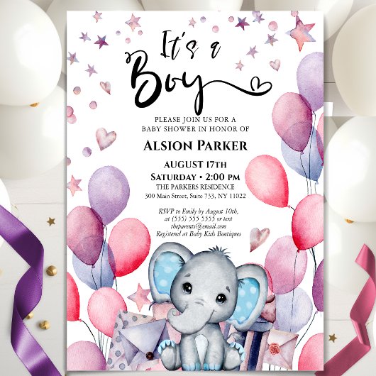 Invitation Boy Elephant Aquarelle Baby shower Bleu Ballons