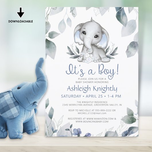 Invitation Boy Elephant Aquarelle Baby shower de verdure
