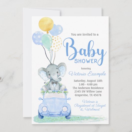 Invitation Boy Elephant Bow Cravate voiture Baby shower Invit (Devant)