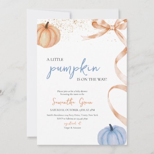 Invitation Boy Fall Rustic Bow Citrouille Baby shower (Devant)