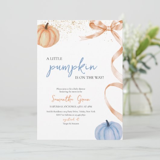 Invitation Boy Fall Rustic Bow Citrouille Baby shower (Debout devant)