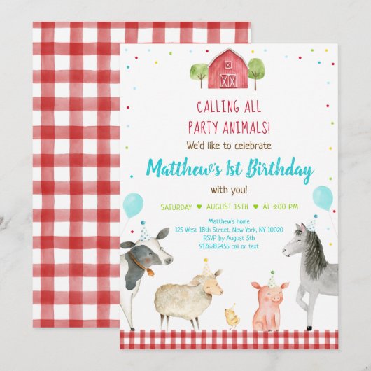 Invitation Boy Farm Party Animal Anniversaire (Devant / Derrière)