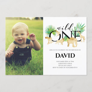 Invitation Boy First Birthday Photo Wild One Gold Jungle