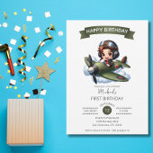 Invitation Boy First Birthday Pilot Vintage Airplane Clouds