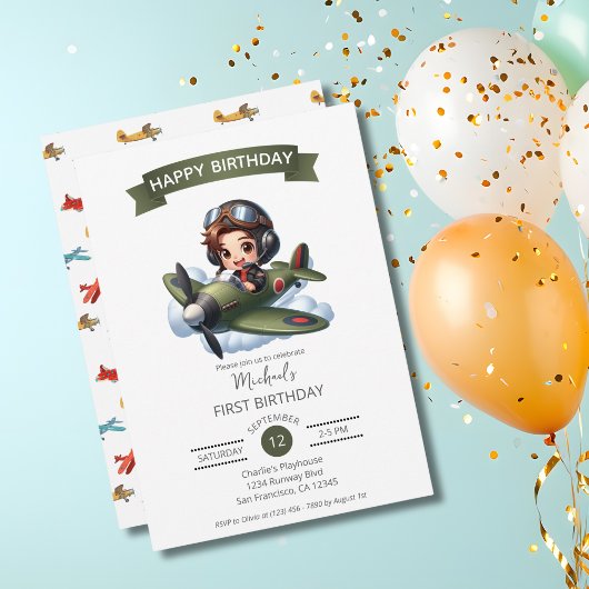 Invitation Boy First Birthday Pilot Vintage Airplane Clouds