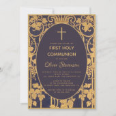 Invitation Boy First Communion Blue Elegant Gold Vines Graphi (Devant)