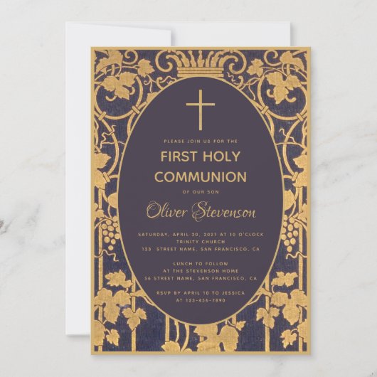 Invitation Boy First Communion Blue Elegant Gold Vines Graphi (Devant)