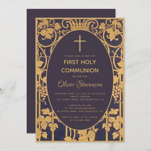 Invitation Boy First Communion Blue Elegant Gold Vines Graphi (Devant / Derrière)