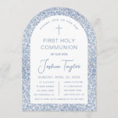 Invitation Boy First Communion Blue White Floral Pattern Arch (Devant)