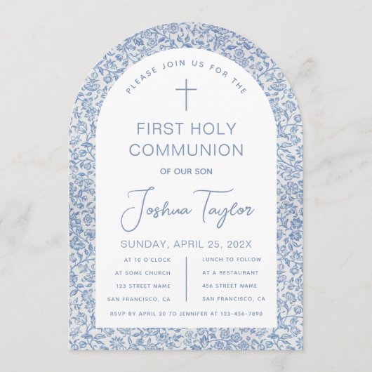 Invitation Boy First Communion Blue White Floral Pattern Arch (Devant)