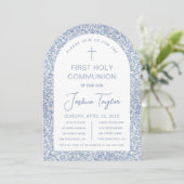 Invitation Boy First Communion Blue White Floral Pattern Arch (Debout devant)