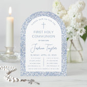 Invitation Boy First Communion Blue White Floral Pattern Arch