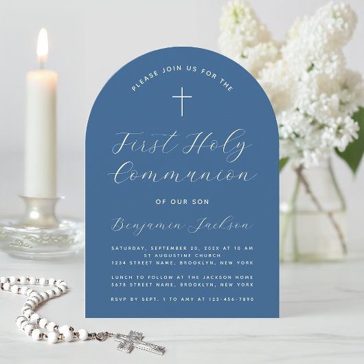 Invitation Boy First Communion Classic Bleu Arc Script croisé
