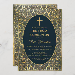 Invitation Boy First Communion Elegant Blue Gold Feuilles Cro