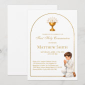 Invitation Boy First Communion Gold Boho Arch & Chalice (Devant / Derrière)