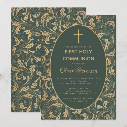 Invitation Boy First Communion Gold Cross Vintage Thistle (Devant / Derrière)