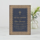 Invitation Boy First Communion Gold Frame Cross Navy Blue (Debout devant)