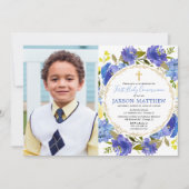 Invitation Boy First Holy Communion bleu jaune floral (Devant)