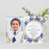 Invitation Boy First Holy Communion bleu jaune floral (Debout devant)
