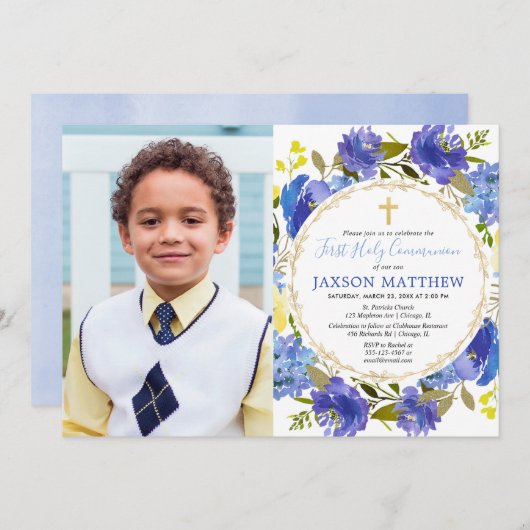Invitation Boy First Holy Communion bleu jaune floral (Devant / Derrière)